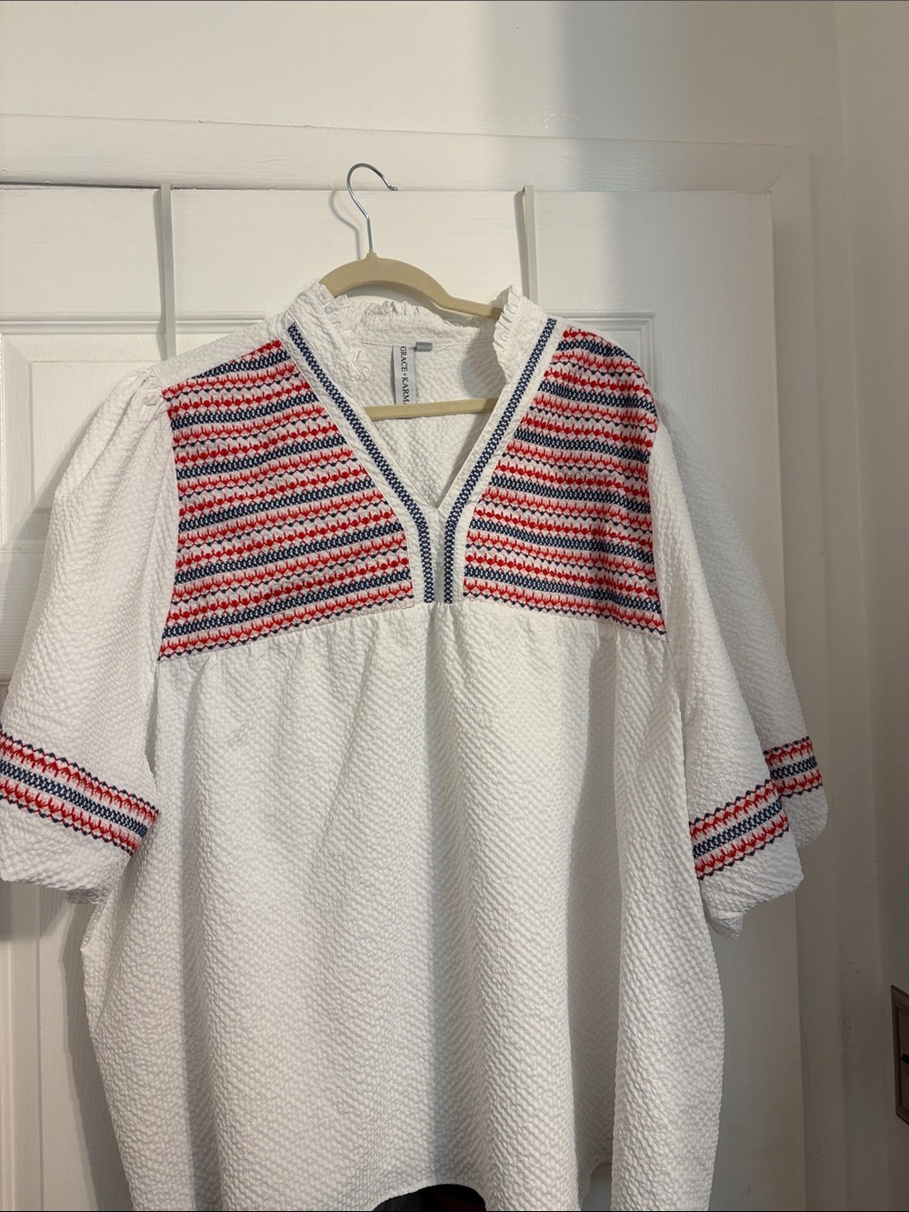 Grace + Karma Textured Peasant Top with Embroidery 3X PtP 32 Length 29